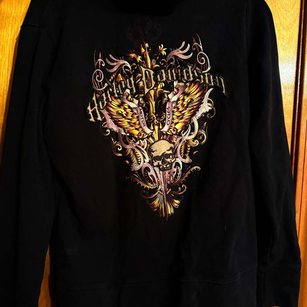 Harley Davidson Women's V-Neck Black Skull Tattoo Pullover Hoodie SZ M